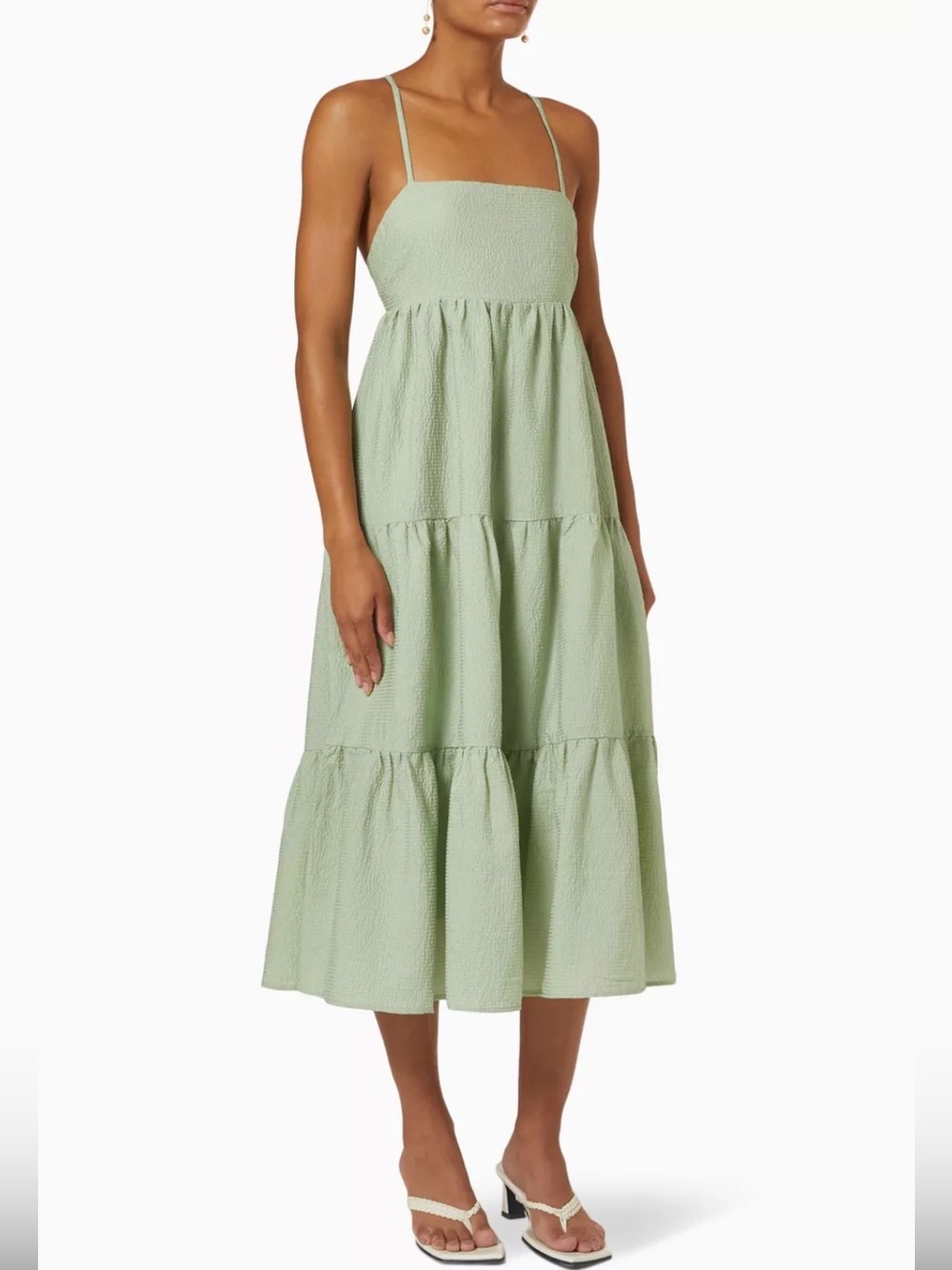 MinkPink Open-Back Tiered Midi Dress in Sage Green